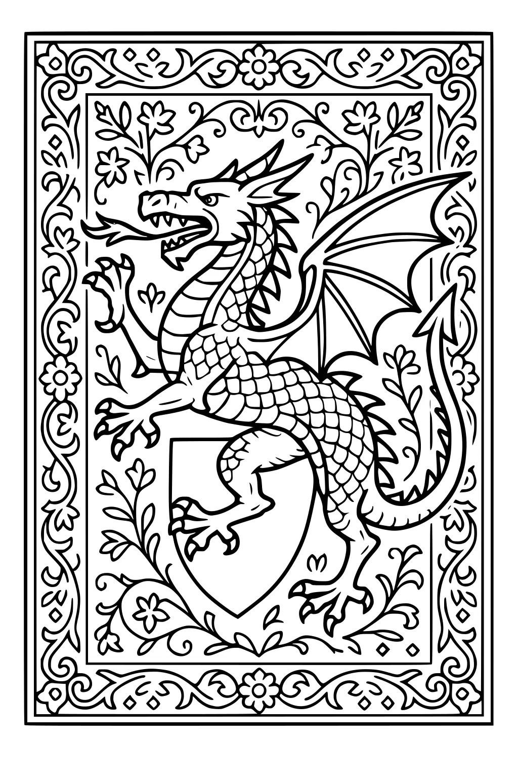 Heraldic dragon rearing with wings and scales beside a shield, framed by floral vines and a decorative border.