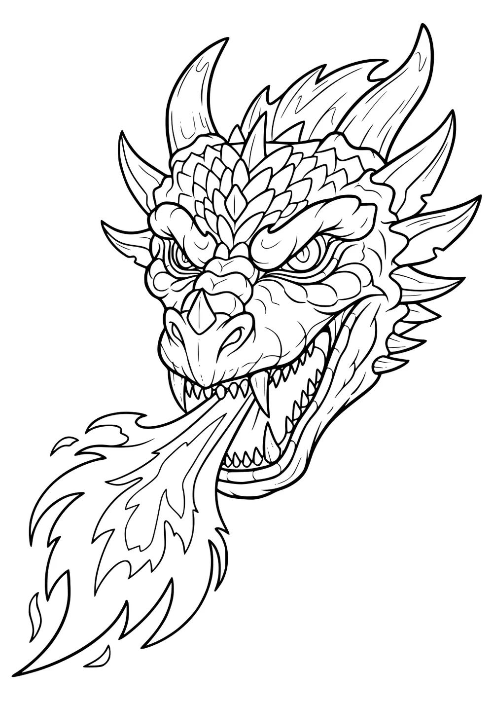 Fire-breathing dragon head with horns, layered scales, sharp teeth, and a long flame curling from its open mouth.