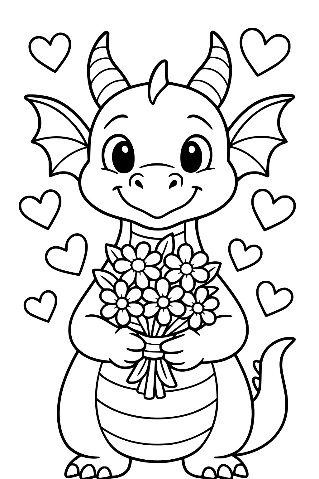 Smiling baby dragon with horns and wings holding a daisy bouquet, surrounded by floating hearts and bold simple lines.