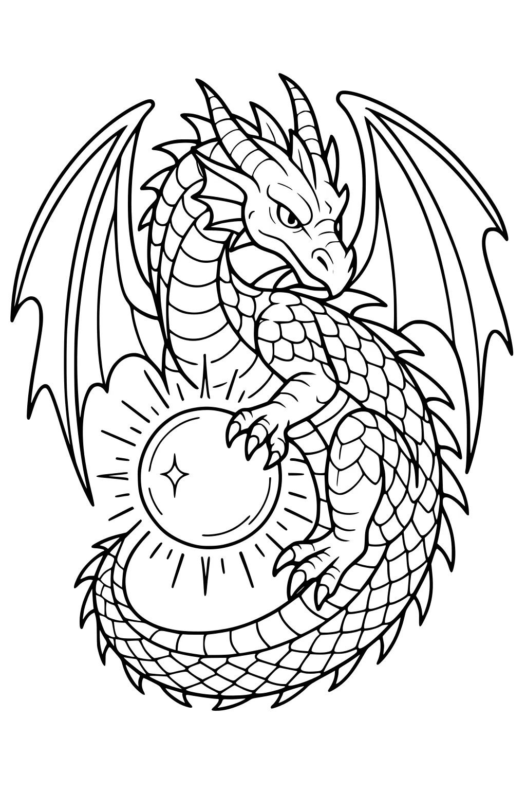 Coiled dragon with spread wings holding a glowing orb with claws; scaled body, horns, and tail wrapped around the radiant sphere.