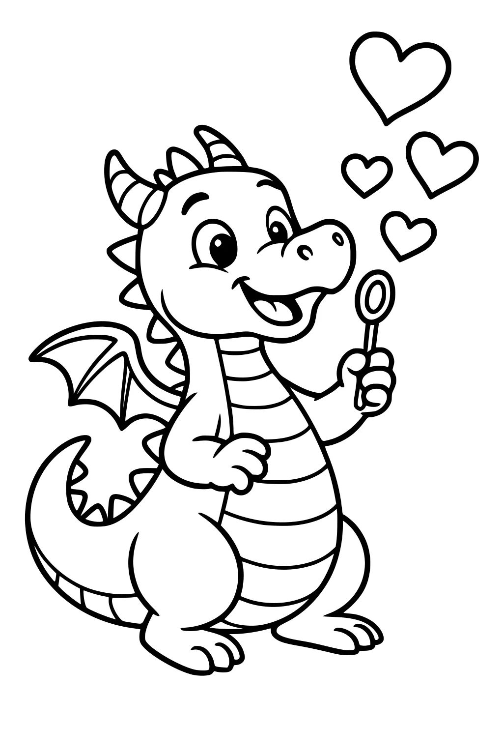 Smiling baby dragon blows heart bubbles with a wand; striped belly, small wings, horns, and curled tail in bold outline.