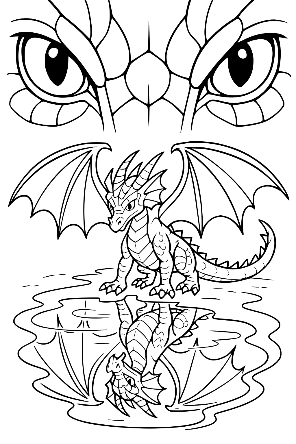 Small winged dragon by a pond with its reflection, plus large dragon eyes and scales shown above.