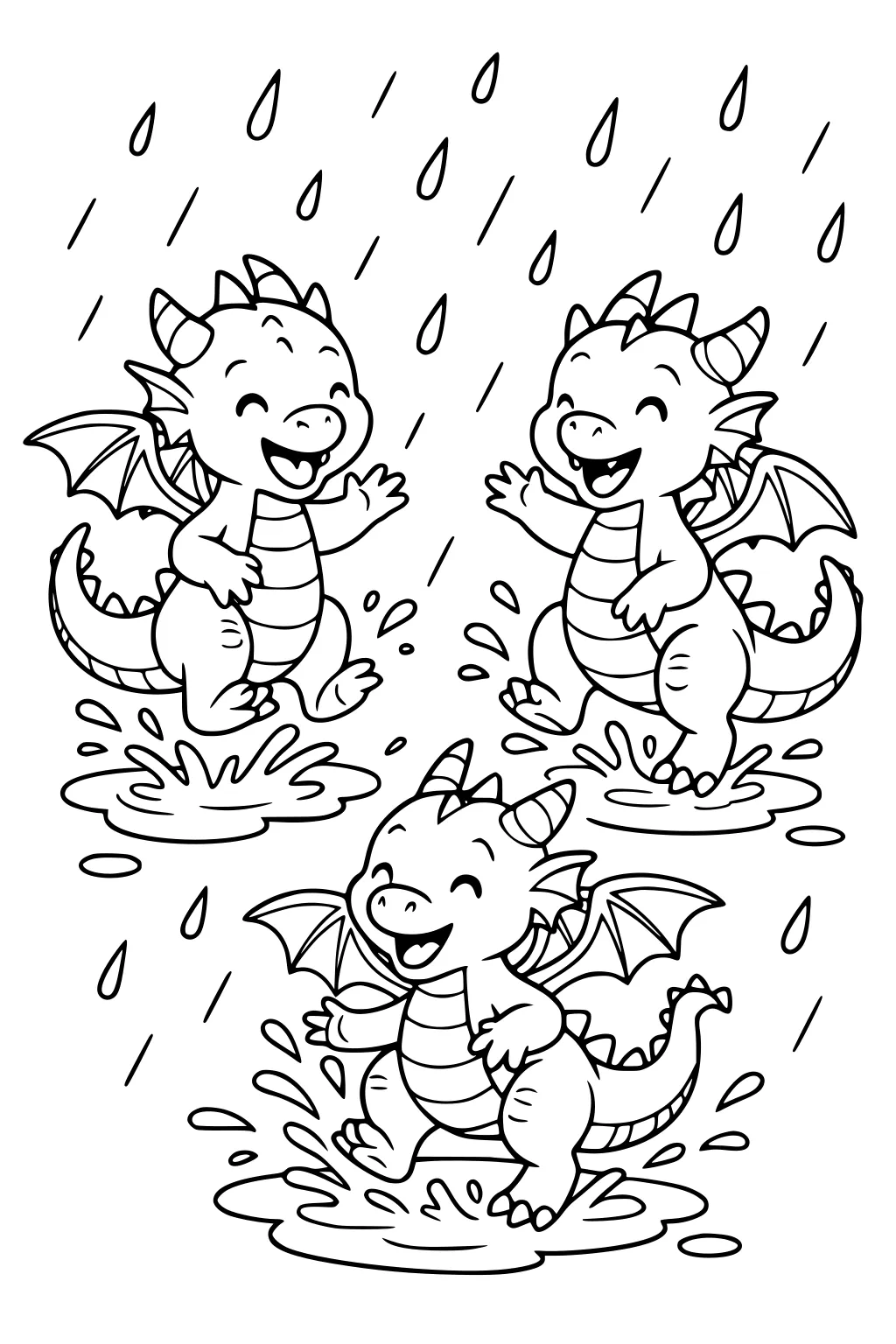 Three smiling baby dragons with wings and horns splash in rain puddles as large raindrops fall around them.
