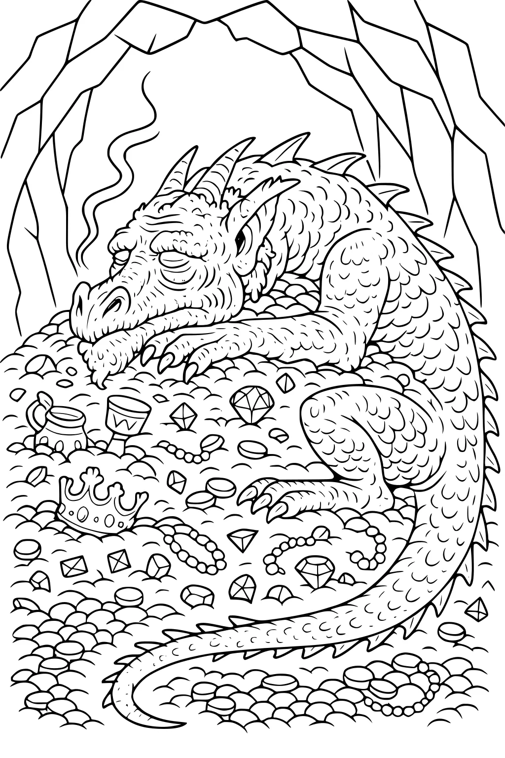 Sleeping dragon on a treasure pile in a rocky cave with coins, gems, a crown, cups, beads, and smoke curling from nostrils.
