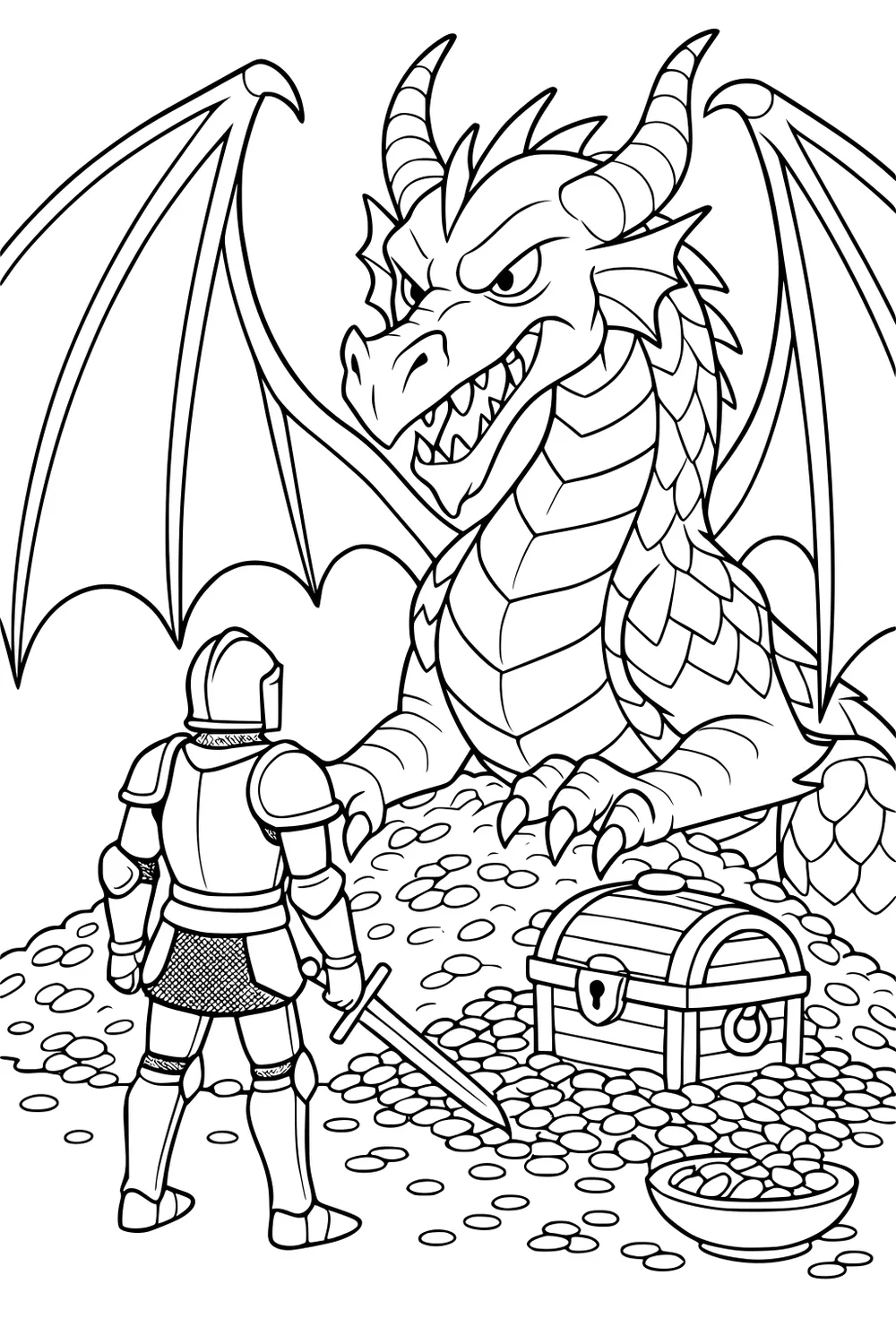Large winged dragon on a mound of coins guards a chest while a small armored boy knight with a sword faces him.