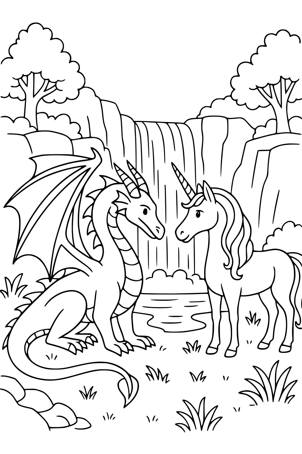 Dragon with folded wings faces a unicorn by a waterfall and pond, with trees, rocks, and grass around.