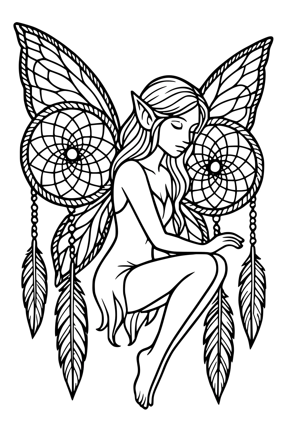 Fairy girl with dreamcatcher wings, eyes closed, seated pose; long hair, elf ears, dangling feathers and beads, detailed line art.
