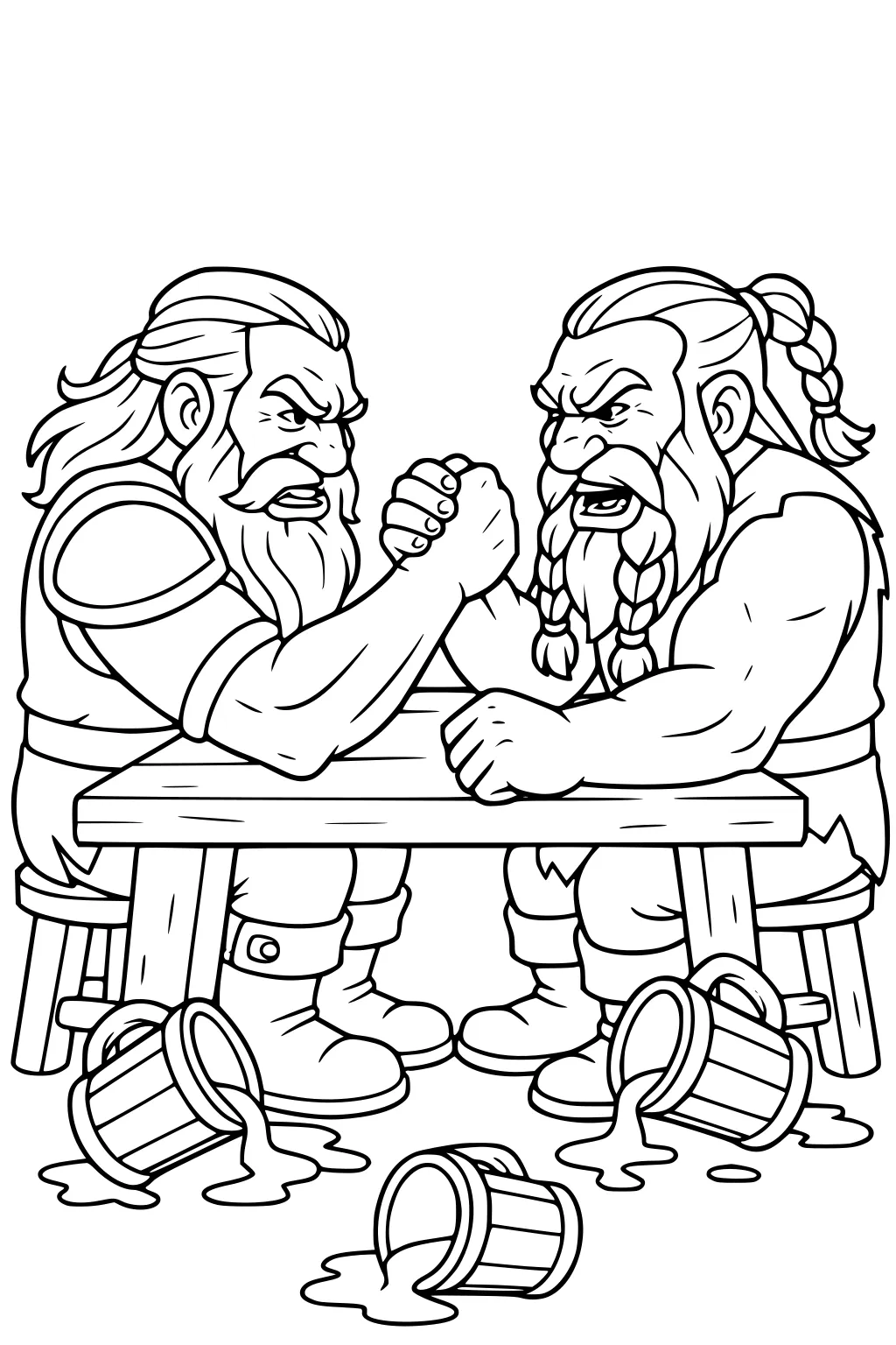 Two bearded dwarf men arm-wrestling at a wooden table on stools, brows furrowed, with three spilled mugs and puddles on the floor.