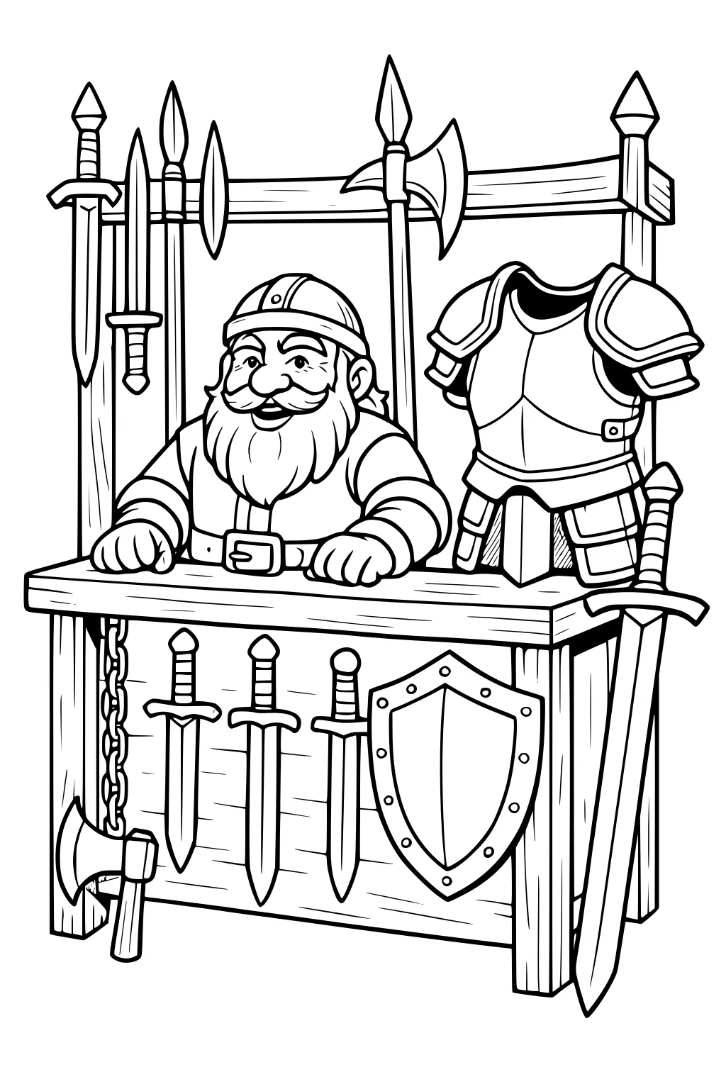 Smiling dwarf vendor at a wooden armory stall with swords, axes, shield, tall polearms, and a suit of armor on a stand.