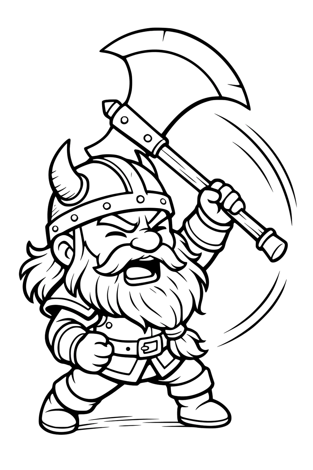 Cartoon dwarf with horned helmet and bushy beard lifting a big crescent axe, wide stance with motion lines, simple background.