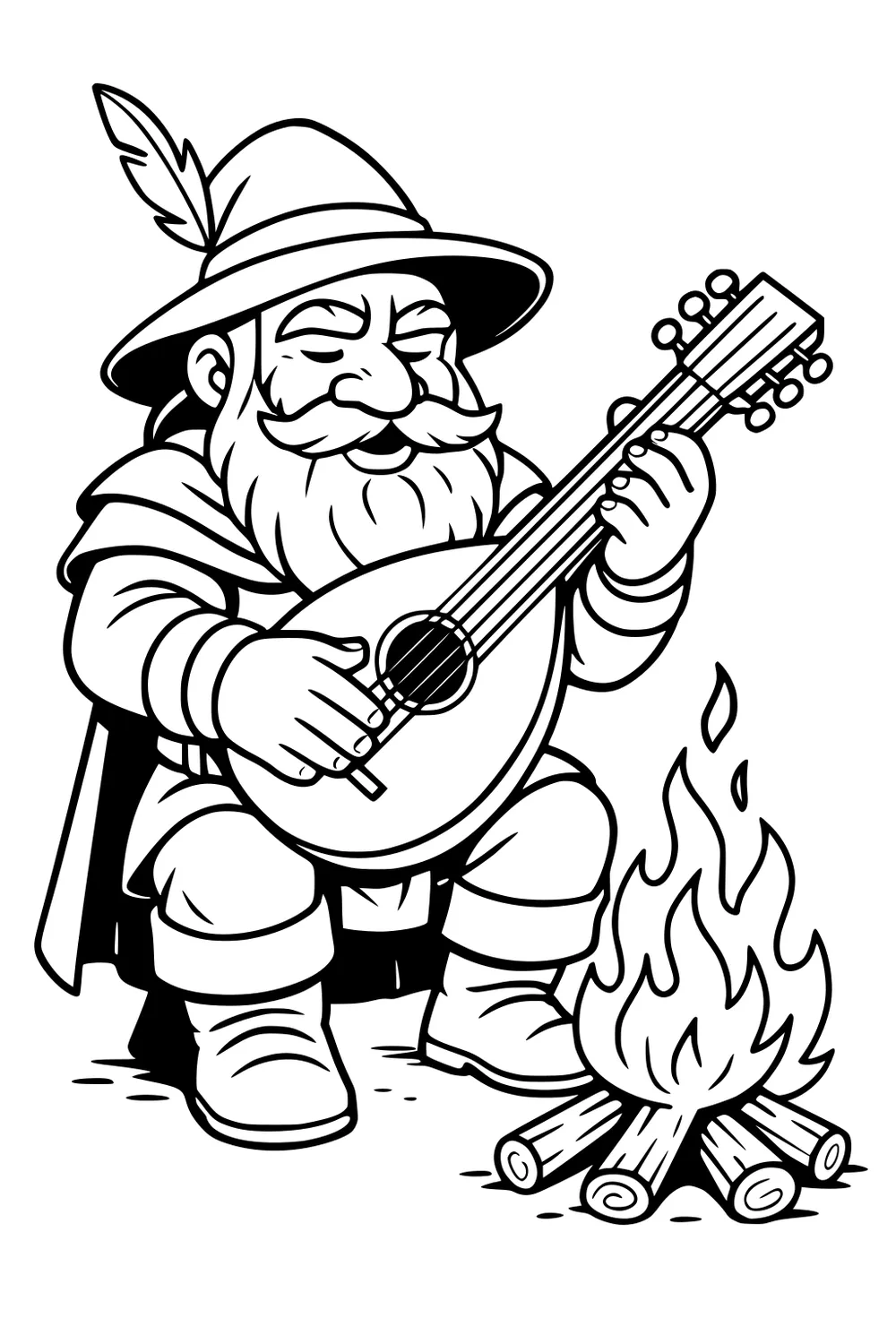 Bearded dwarf bard in feathered hat plays a lute by a small campfire, eyes closed, wearing cloak and boots.