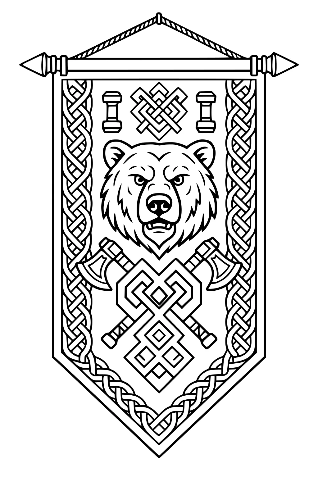 Dwarven banner with bear head, crossed axes, and knotwork border hanging from a rope pole, outlined for coloring.