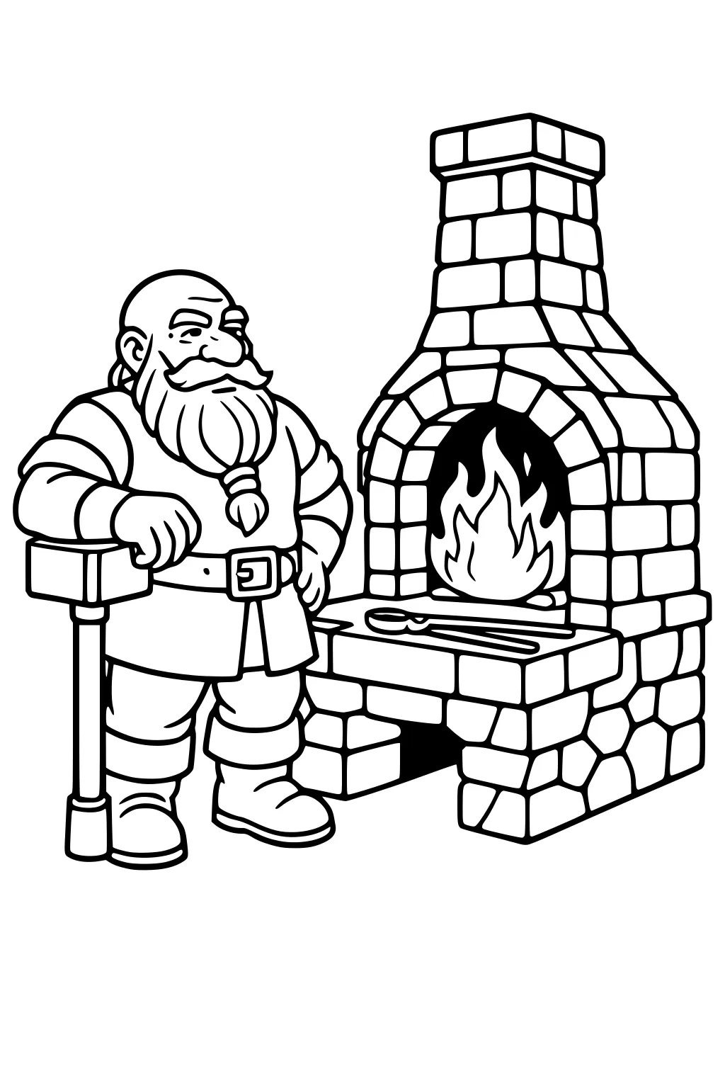Dwarf blacksmith with big beard leans on a hammer beside a stone forge with flames and tongs on the work ledge.