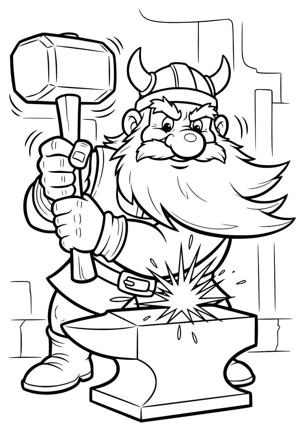 Cartoon dwarf blacksmith with horned helmet swings a large hammer onto an anvil, sparks flying, stone forge background.