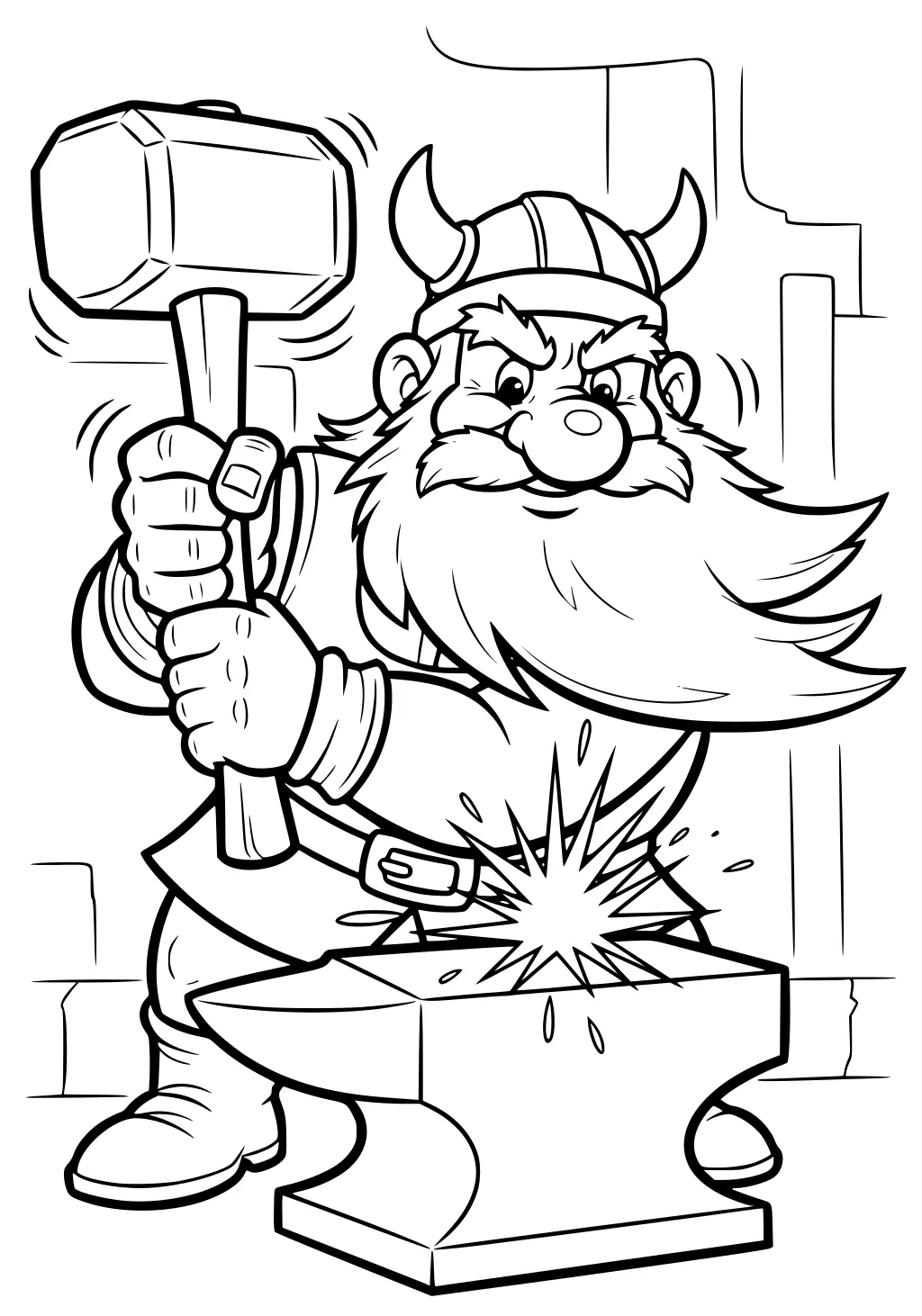 Cartoon dwarf blacksmith with horned helmet swings a large hammer onto an anvil, sparks flying, stone forge background.