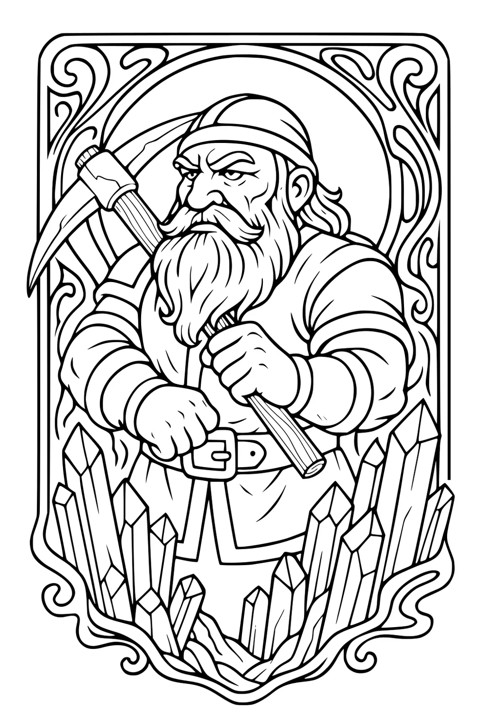 Bearded dwarf miner with pickaxe, bandana, and belt, surrounded by tall crystals inside an ornate swirly frame.