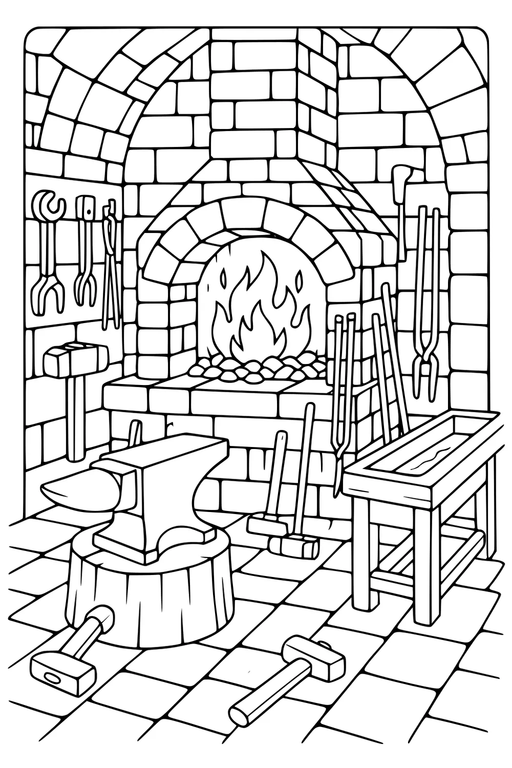 Brick forge with arched hearth, fire, anvil on stump, hammers, tongs, and a bench with water trough on tiled floor.