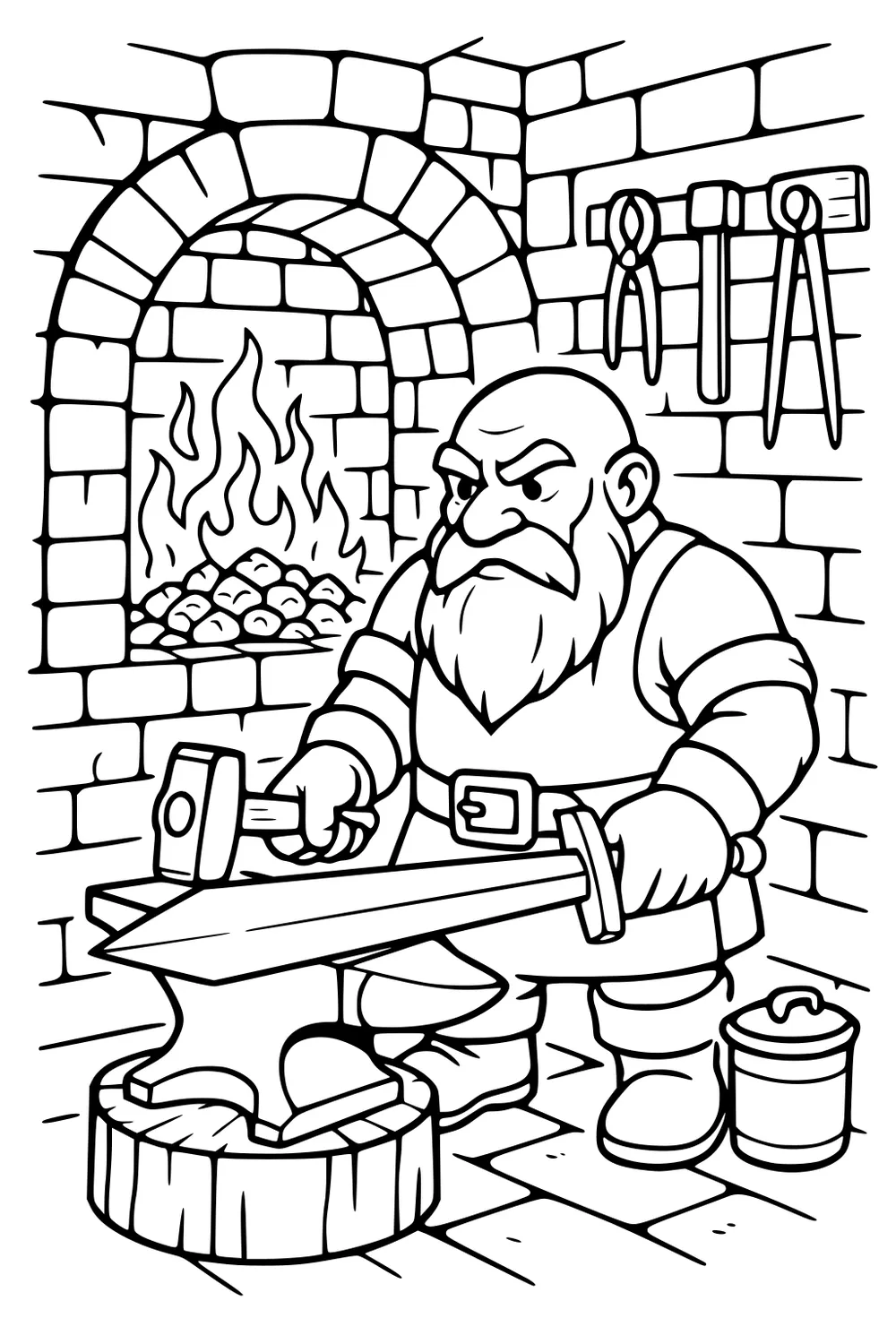 Dwarf blacksmith hammering a sword on an anvil in a stone forge with fire, wall tools, and a bucket by his boot.