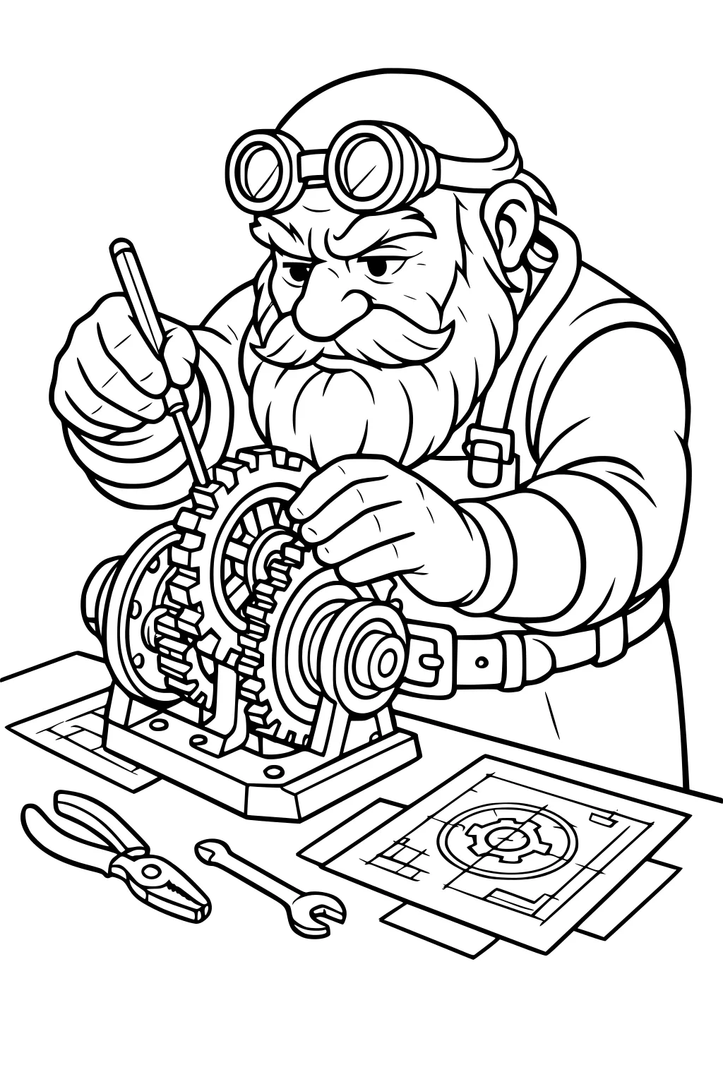 Bearded dwarf tinkerer with goggles adjusts a gear machine at a workbench with pliers, wrench, and blueprints.