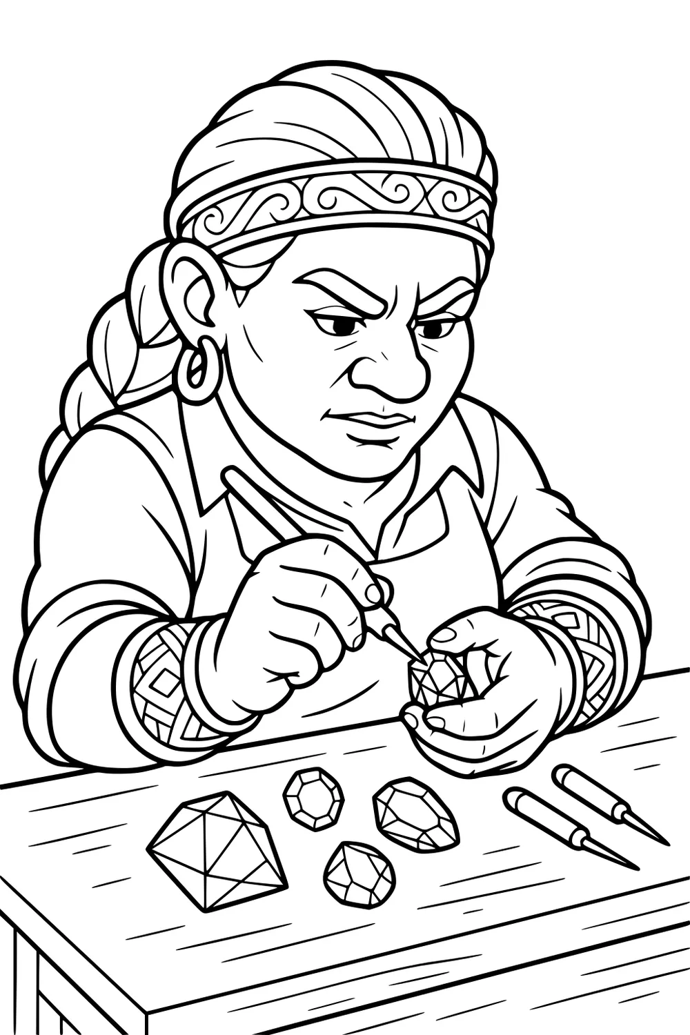 Dwarf woman cuts a gemstone at a wooden workbench, holding a tool, with faceted gems and two tools on the table.