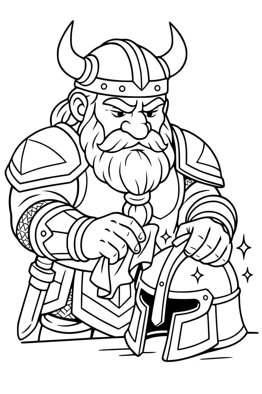 Bearded dwarf in horned helmet polishes a second helmet on a table, wearing layered armor; sparkles show the shine.