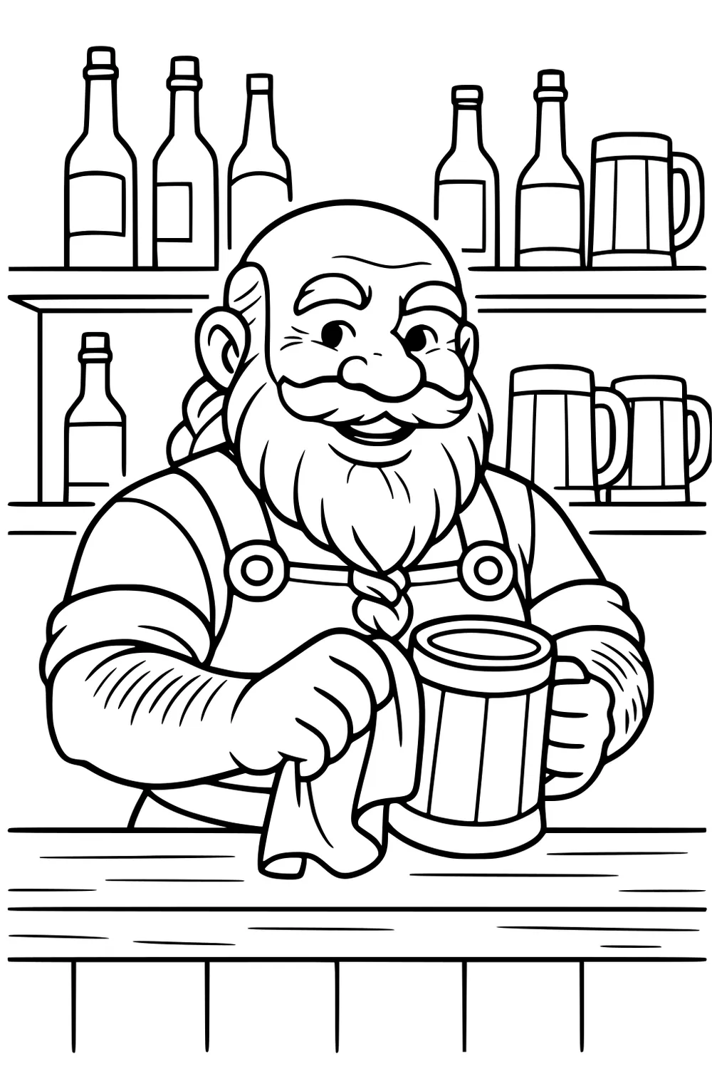 Smiling dwarf innkeeper wipes a wooden mug at a bar, with bottles and steins on shelves behind him.