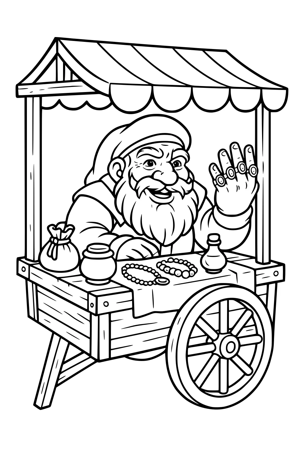 Bearded dwarf merchant waves from a wooden cart stall with canopy, showing rings, beaded necklaces, jars, and a coin pouch.