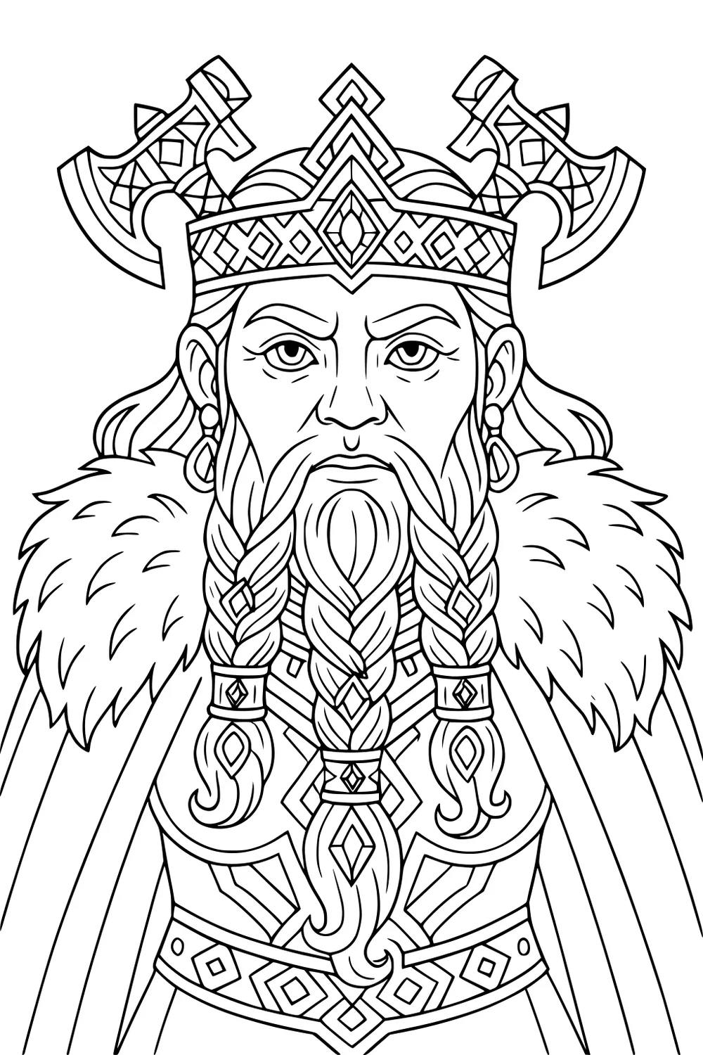 Portrait of a dwarf king with braided beard, axe-topped crown, fur cloak, and patterned armor in crisp black outlines.