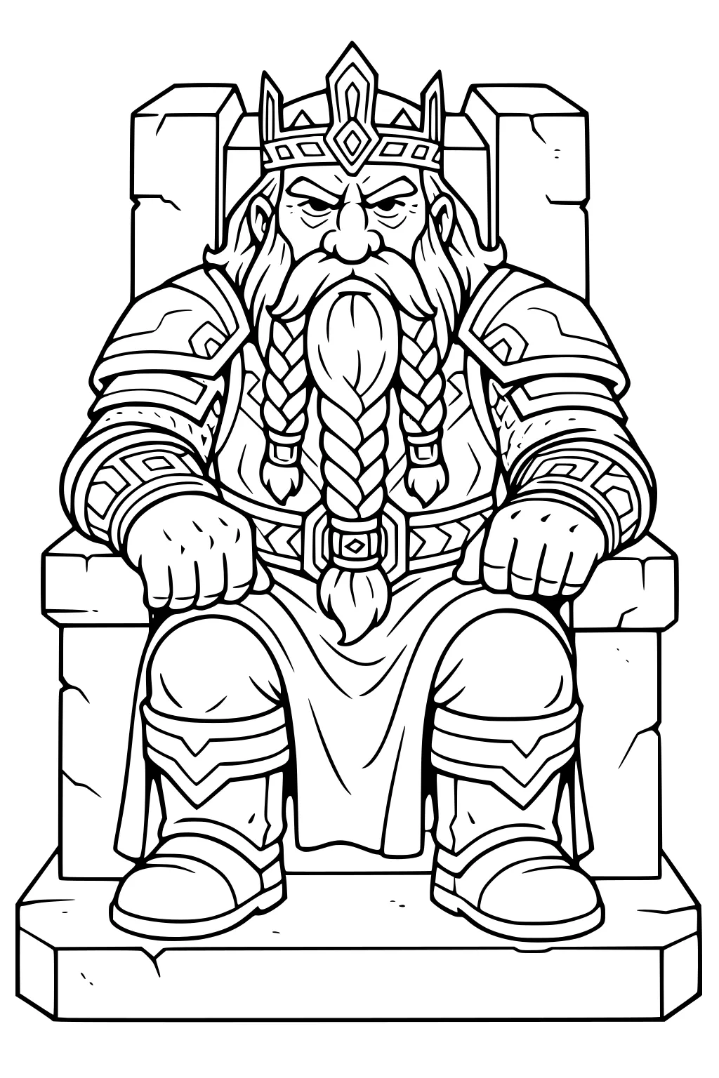Dwarf king with braided beard sits on a stone throne, wearing crown, armor, and boots, hands on armrests, stern face, patterns.