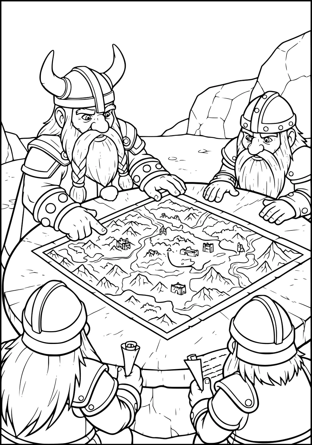 Four armored dwarves study a fantasy map on a stone table, pointing to mountains, rivers, and castles amid rocky cliffs.