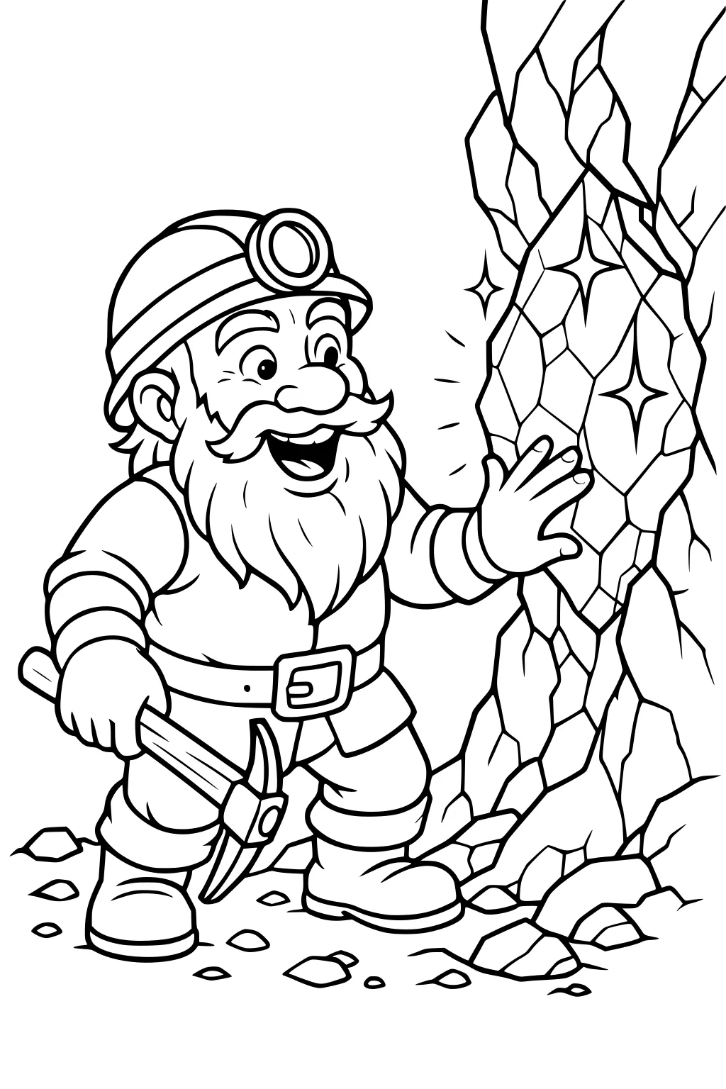 Bearded dwarf miner with helmet and pickaxe touching a sparkling crystal wall in a rocky cave, stones scattered at his boots.