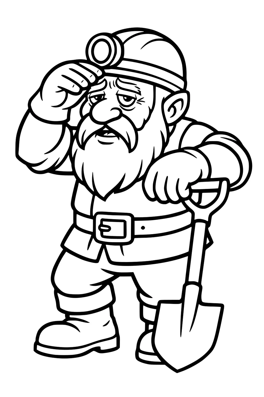 Cartoon dwarf miner with beard and helmet lamp, leaning on a shovel, hand to brow, thick belt and boots, bold outlines.