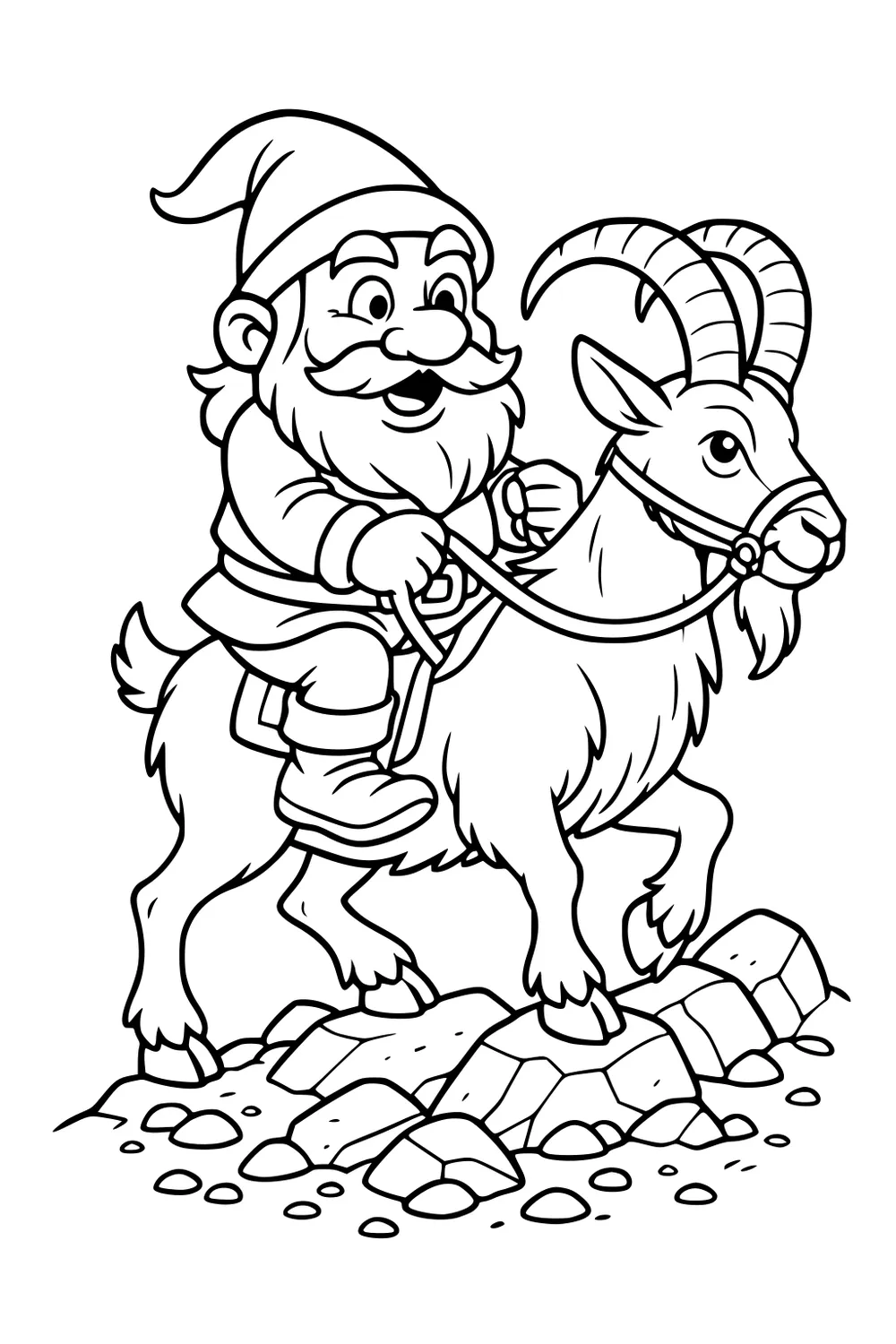 Smiling bearded dwarf in a pointy hat rides a horned mountain goat over rocks, holding reins, cartoon line art.