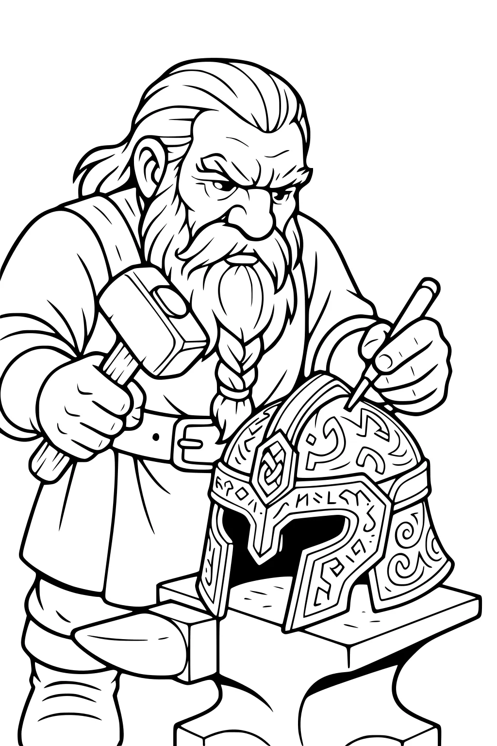 Dwarf blacksmith engraves runes on a helmet set on an anvil, holding hammer and chisel, braided beard, focused expression.