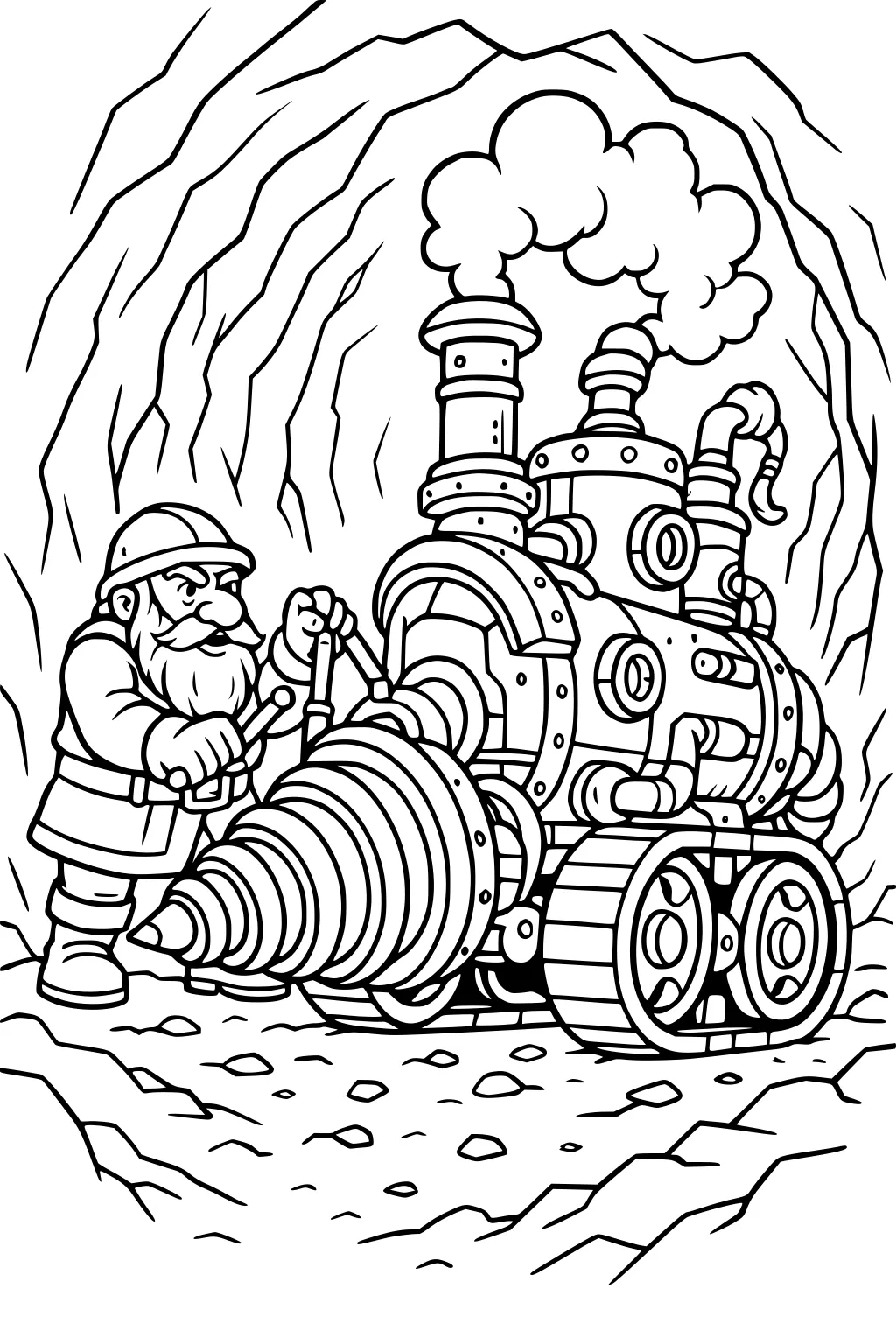 Bearded dwarf steers a steam drill in a rocky tunnel, smoke puffing from stacks, with tank treads and spiral bit in front.