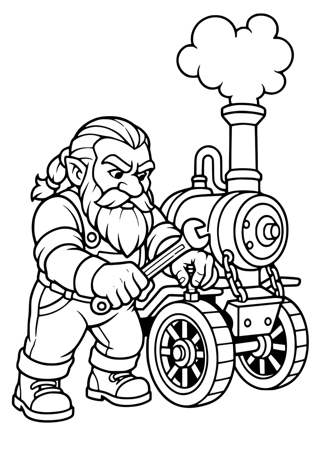 Bearded dwarf mechanic tightens a bolt on a small steam engine with big spoked wheels, chains, and smoke puffing from the tall stack.
