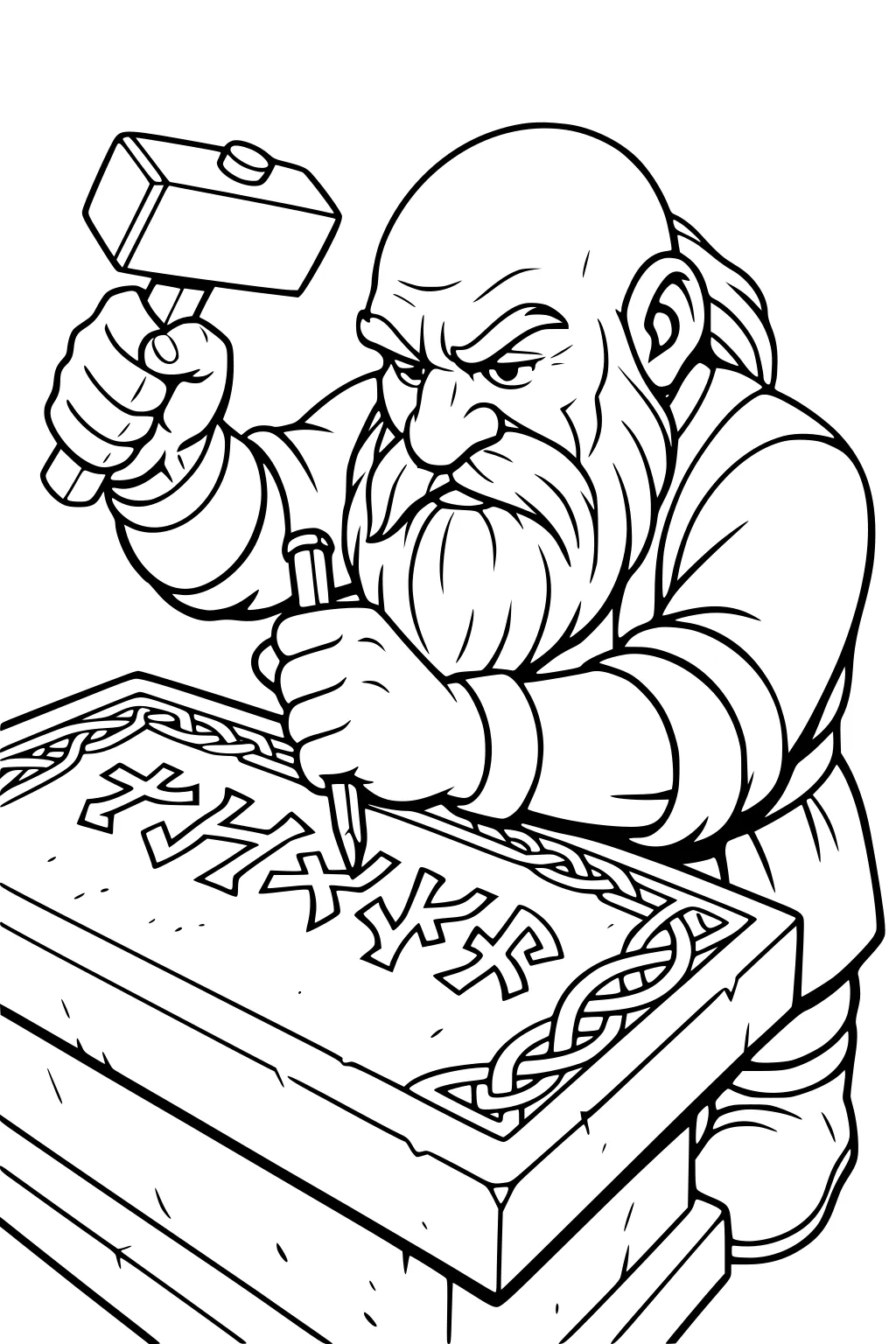 Bearded dwarf carving runes into a stone tablet with hammer and chisel, knotwork border, focused expression.