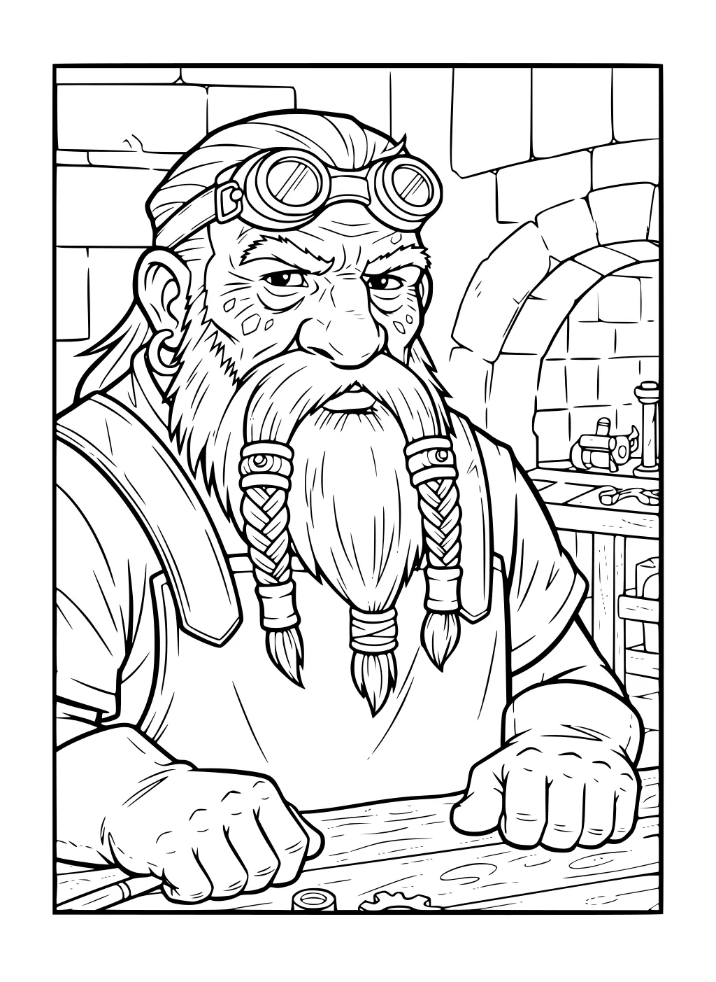 Bearded dwarf with goggles and braided beard at a stone workshop bench, hands on table, with gears and tools in the background.
