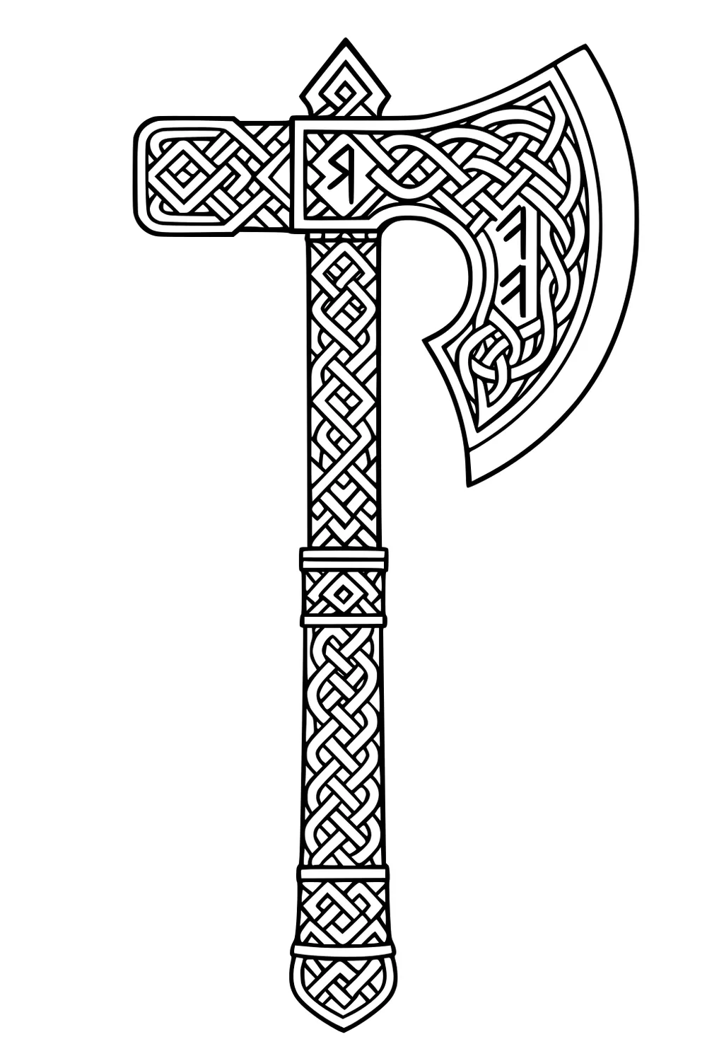 Dwarven axe with Celtic knot knots on blade and handle, runes on the head, long straight handle, bold outlines on white background.