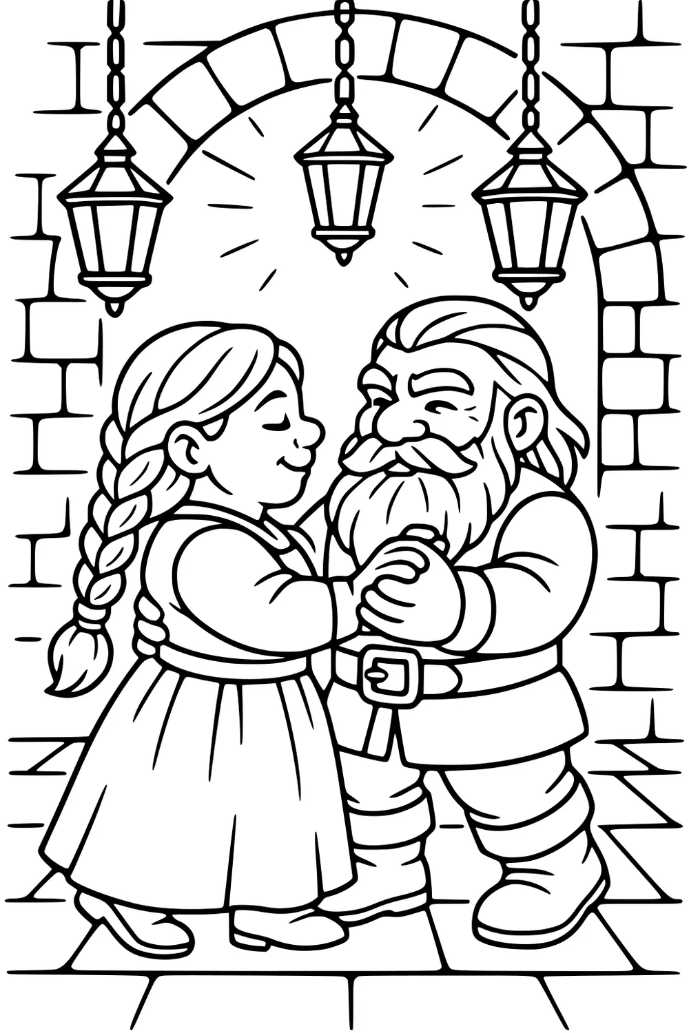 Two dwarves dance and hold hands under three hanging lanterns in a stone archway with brick walls and a tiled floor.
