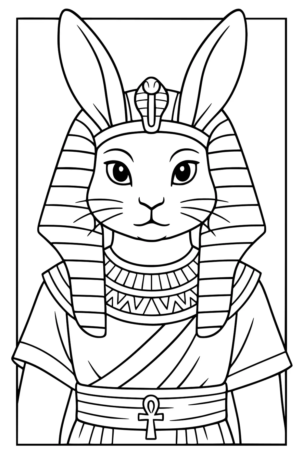 Rabbit in ancient Egyptian pharaoh costume with striped headdress, decorated robe, necklace, and belt featuring an ankh symbol.