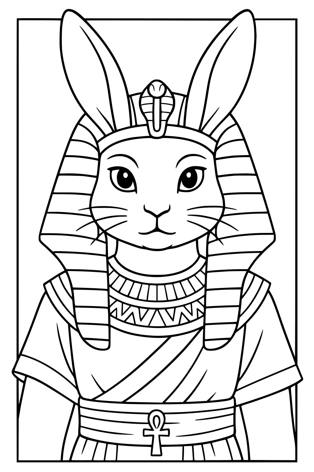 Rabbit in ancient Egyptian pharaoh costume with striped headdress, decorated robe, necklace, and belt featuring an ankh symbol.