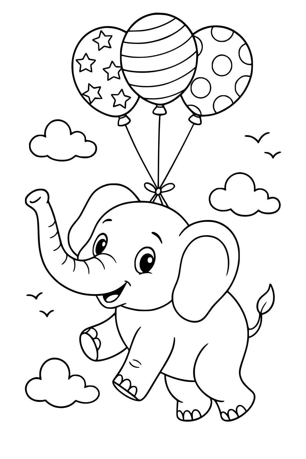 Cartoon elephant floating in the sky with three balloons, clouds, and birds in the background.