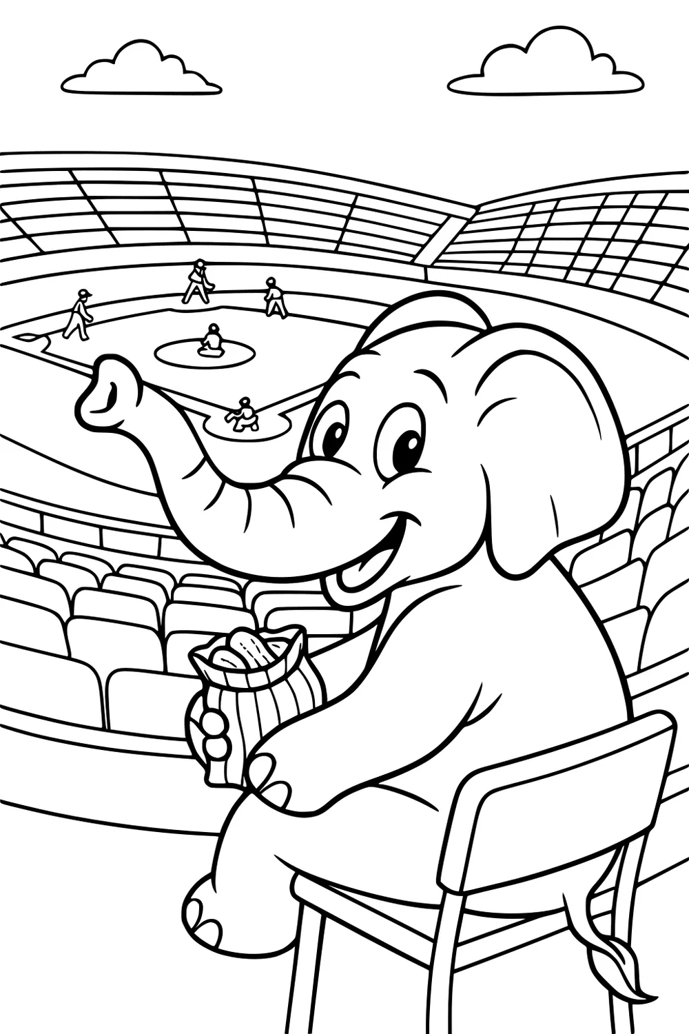 Elephant holding peanuts in a stadium seat, watching a baseball game with players on the field and clouds in the sky.