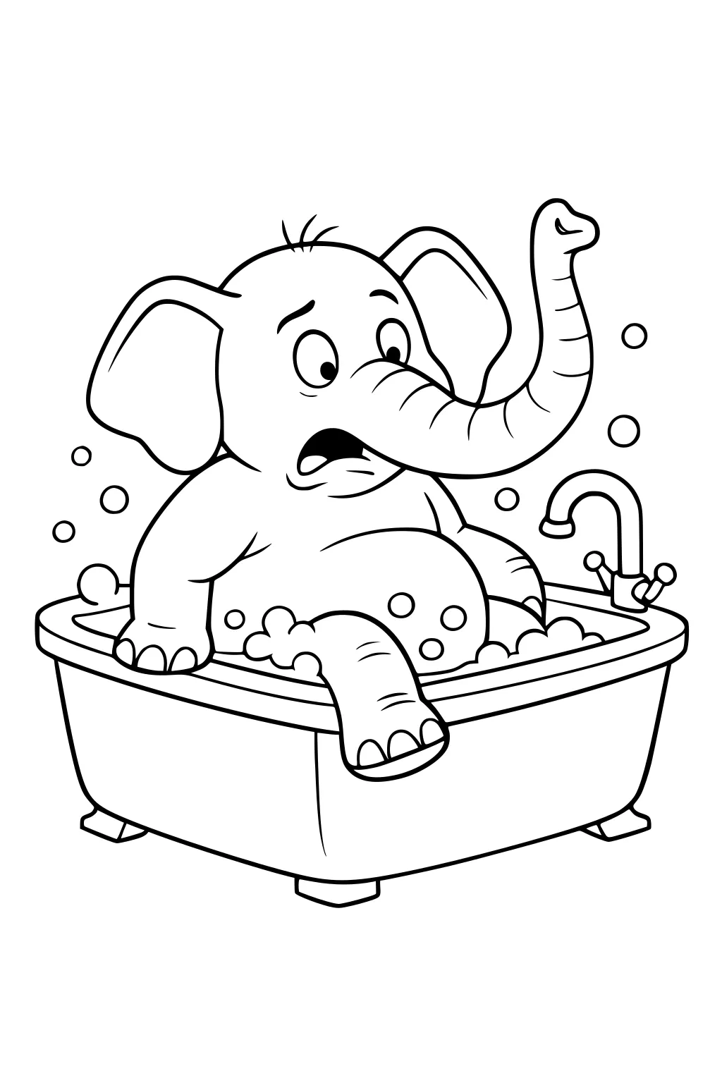 Elephant looking surprised in a small bathtub, surrounded by bubbles and water, with its trunk raised and one leg over the edge.