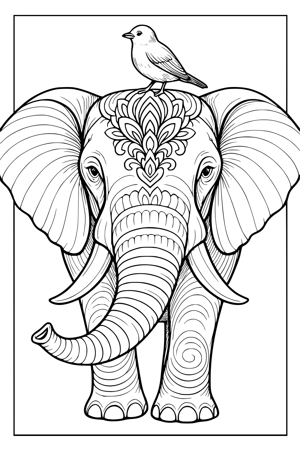 Front view of elephant with patterned forehead and large ears, bird standing on elephant's head, detailed line art.