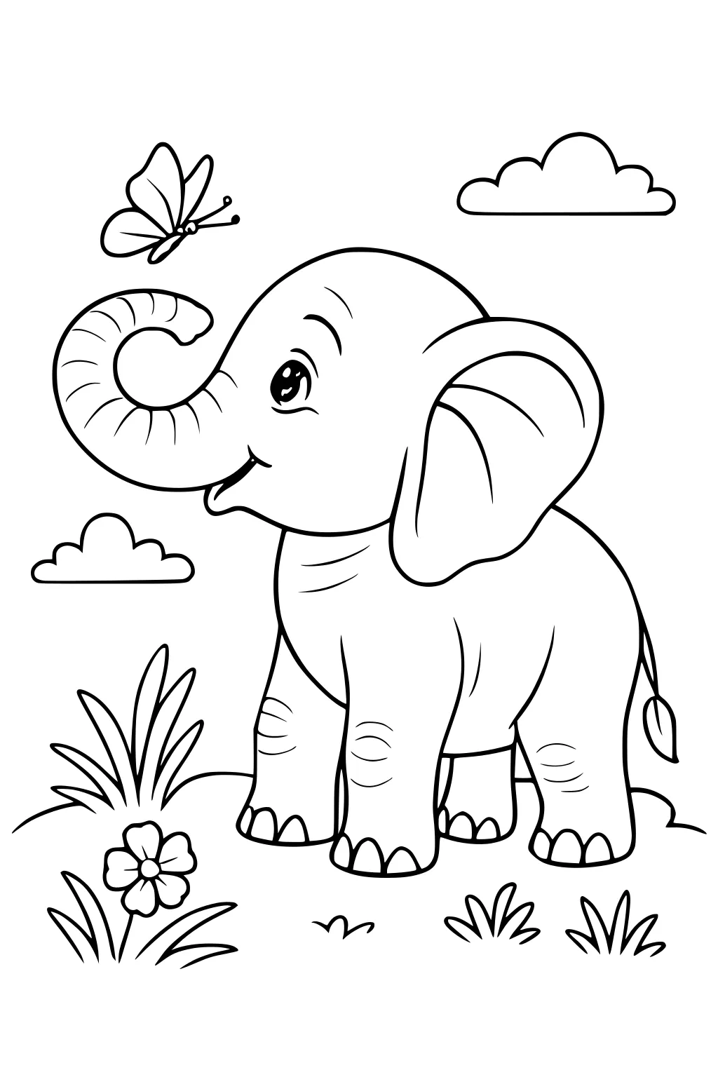 Young elephant with raised trunk, smiling at a butterfly. Grass, flower, and clouds complete the outdoor scene.