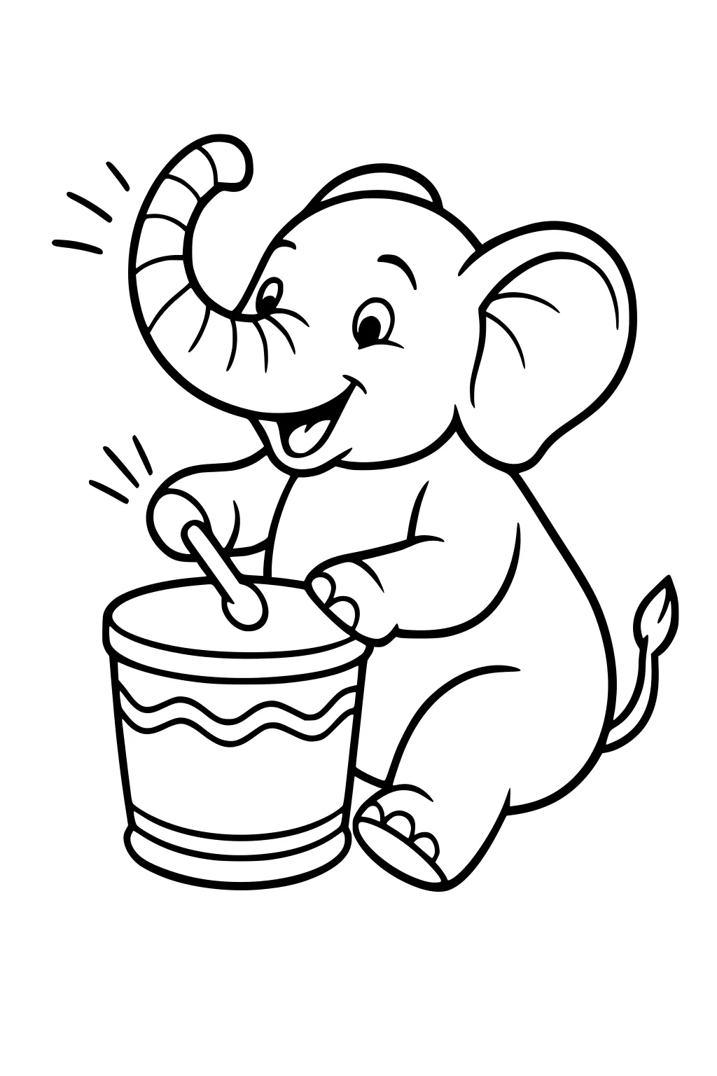 Cartoon elephant sitting on the ground, smiling, and playing a drum with a stick using one hand.