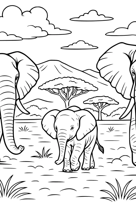 Elephant Family Walks the Wild Plain