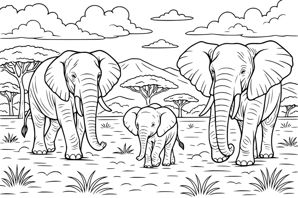 Three elephants, two big and one small, walk together on a grassy savanna with trees, mountains, and clouds in the background.